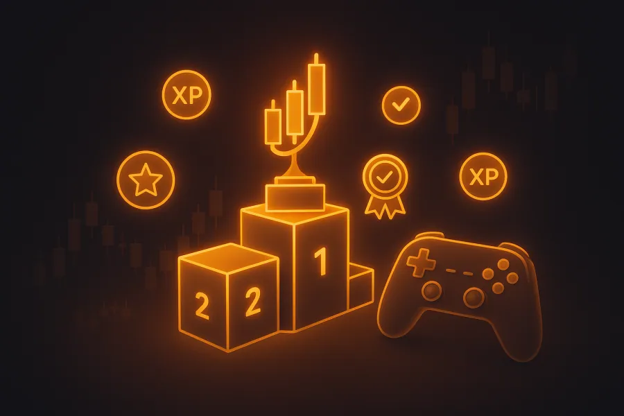 Gamified futures: leaderboard podium, points, badges and a game controller