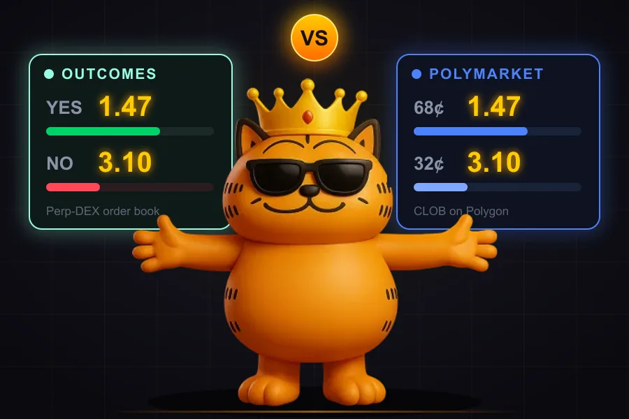 Hyperliquid Outcomes vs Polymarket: the OX mascot between a mint Outcomes odds panel and a blue Polymarket odds panel