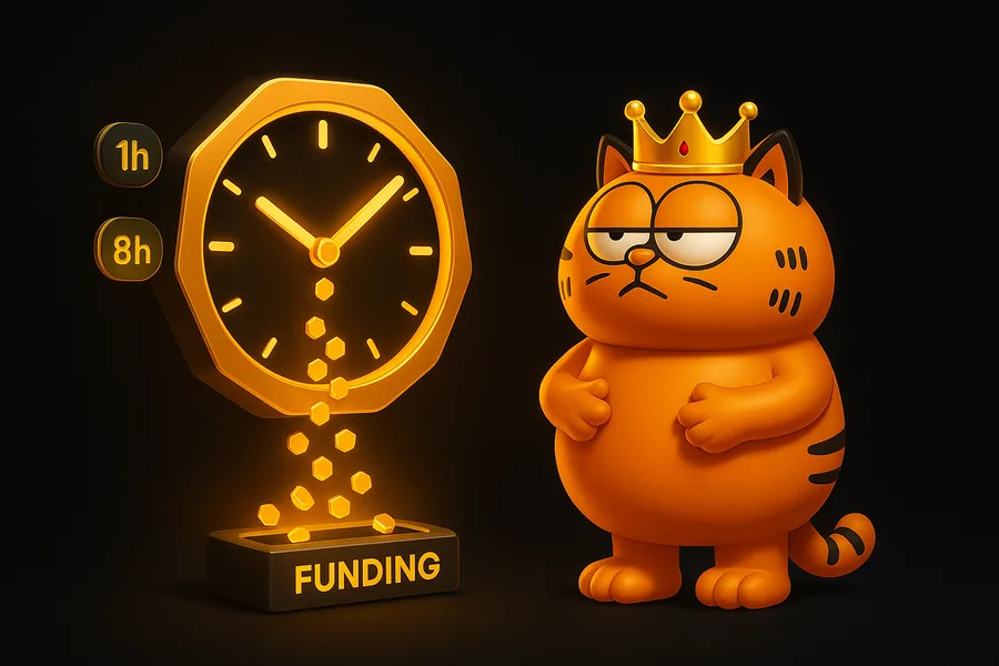 A golden clock dripping coins into a slot labeled FUNDING while the OX mascot watches, with 1h and 8h chips