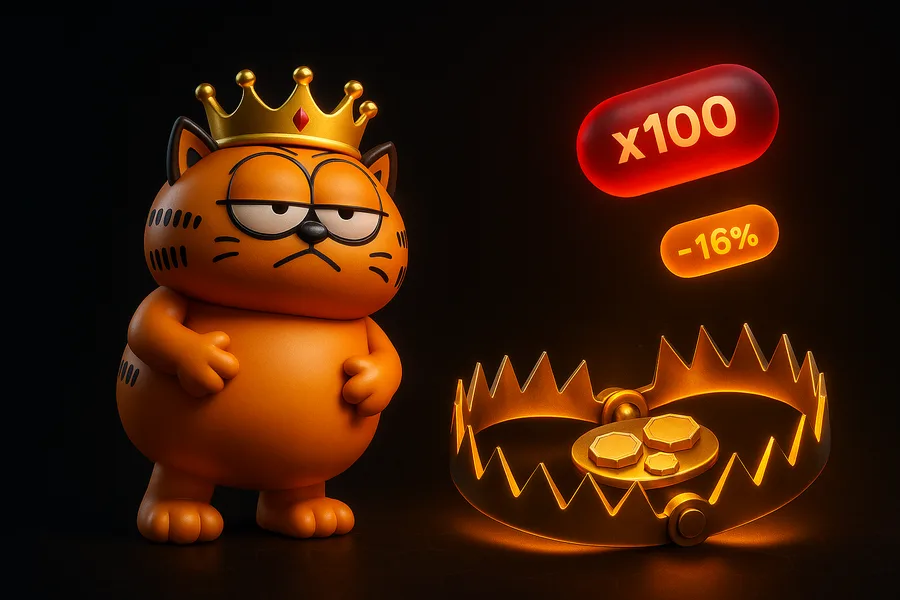 The OX mascot warily facing a golden bear trap with percent-sign teeth, labeled x100 and -16%