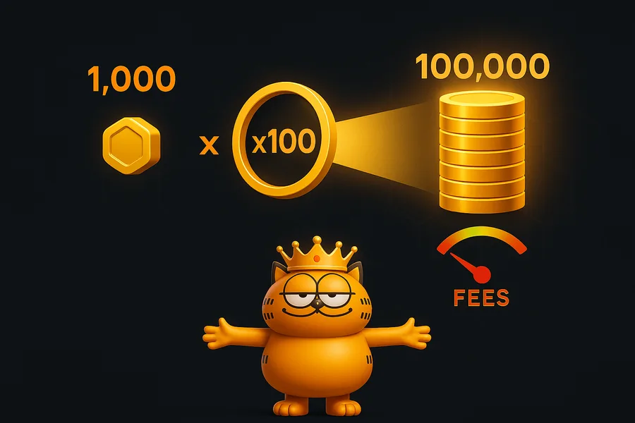 Diagram: a 1,000 coin passes through a x100 magnifying lens and becomes a 100,000 stack — with the fee meter attached to the big stack