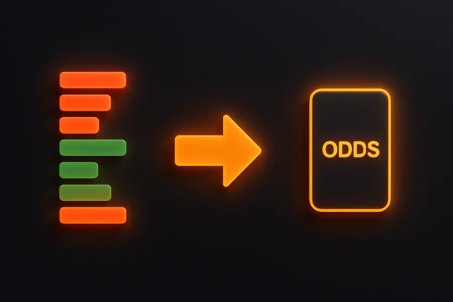 Diagram: an order-book depth ladder transformed into a single bookmaker odds card