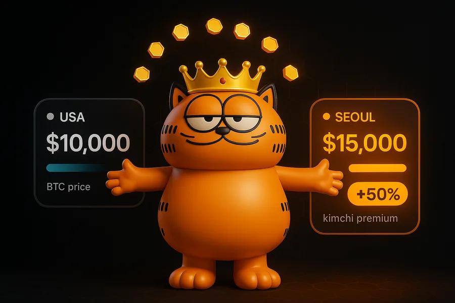 The OX mascot between a USA panel showing bitcoin at $10,000 and a glowing Seoul panel at $15,000 with a +50% kimchi premium, gold coins flying between them