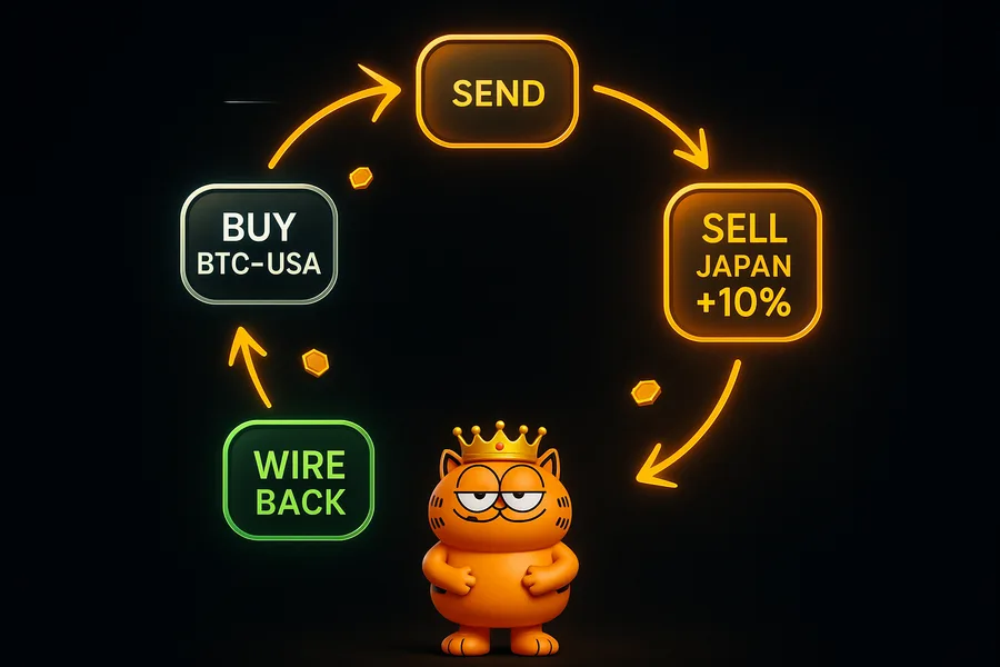 Circular flow diagram with the OX mascot: buy BTC in the USA, send it, sell in Japan at a 10% premium, wire the dollars back