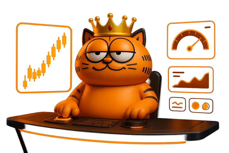 The OX-ENGINE mascot trading at a control desk with live charts and gauges