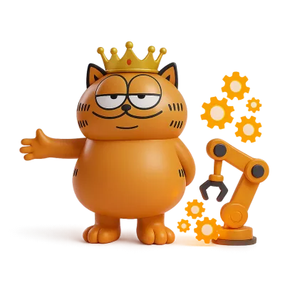OX-ENGINE mascot automating trades with a robot arm